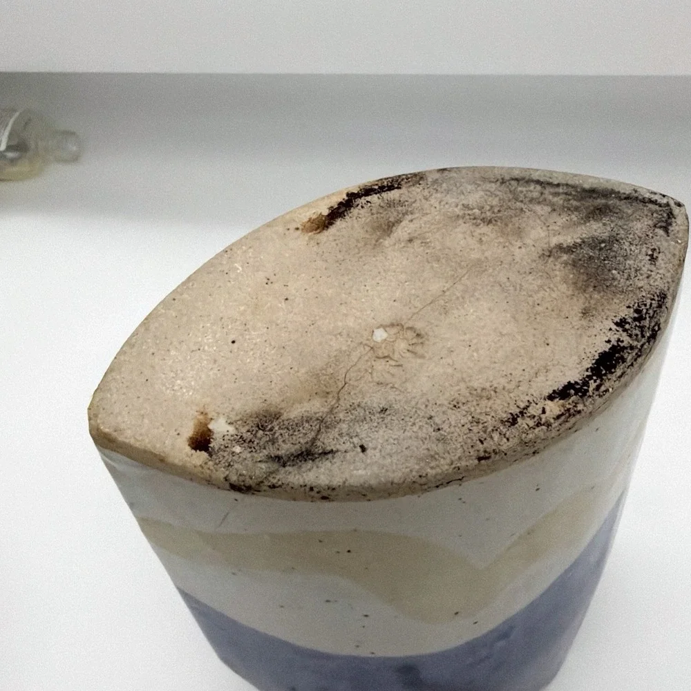 Blue And White Ceramic Pottery Vase Geometric Pierced Design Stamped Mark